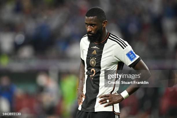 Antonio Ruediger of Germany show dejection after the 1-2 defeat in the FIFA World Cup Qatar 2022 Group E match between Germany and Japan at Khalifa...