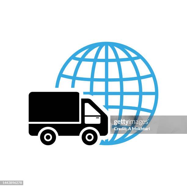 international transport, truck and earth globe icon. - van white background stock illustrations