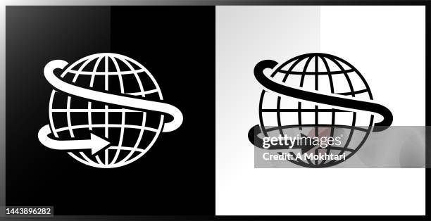 business and international exchange, earth globe with arrow. black icon on white. - white instagram logo stock illustrations