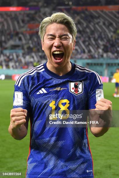 Takuma Asano of Japan celebrates the 2-1 victory in the FIFA World Cup Qatar 2022 Group E match between Germany and Japan at Khalifa International...