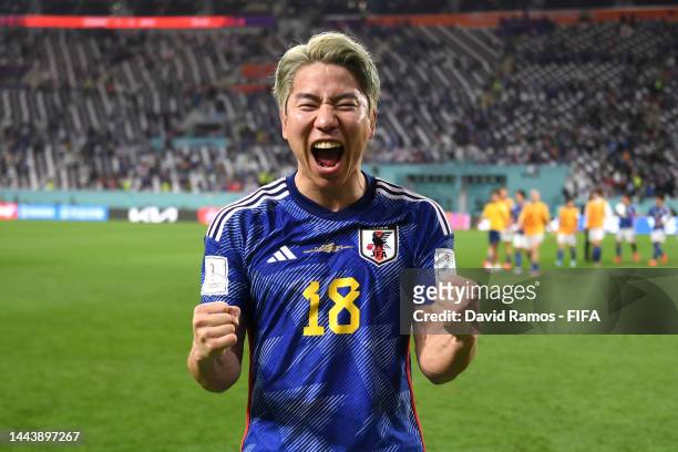 Takuma Asano of Japan celebrates the 2-1 victory in the FIFA World Cup Qatar 2022 Group E match between Germany and Japan at Khalifa International...