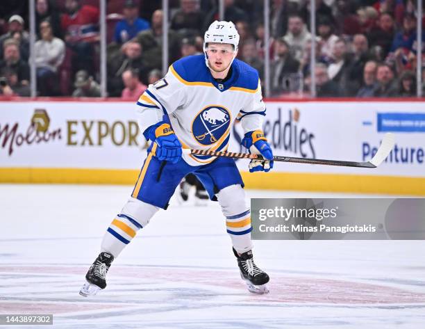 Casey Mittelstadt of the Buffalo Sabres skates against the Montreal Canadiens during the first period at Centre Bell on November 22, 2022 in...