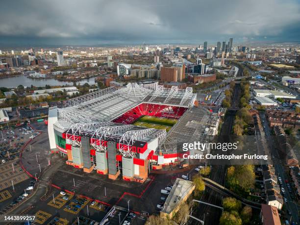An aerial view of Old Trafford Stadium, the home of Manchester United Football Club on November 23, 2022 in Manchester, England. Yesterday, the club...