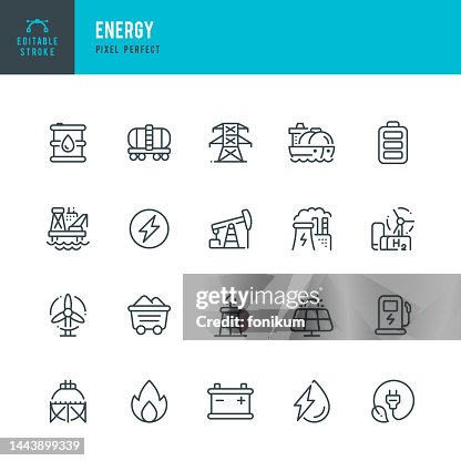 Energy - vector set of linear icons. Pixel perfect. Editable stroke. The set includes a Solar Energy, Electrical Grid, Gas, Tanker Ship, Coal, Crude Oil, LNG Storage Tank, Wind Turbine, Rail Freight, Nuclear Power Station, Hydrogen, Hydroelectric Power. Energy - vector set of linear icons. Pixel perfect. Editable stroke. The set includes a Solar Energy, Electrical Grid, Gas, Tanker Ship, Coal, Crude Oil, LNG Storage Tank, Wind Turbine, Rail Freight, Nuclear Power Station, Hydrogen, Hydroelectric Power.