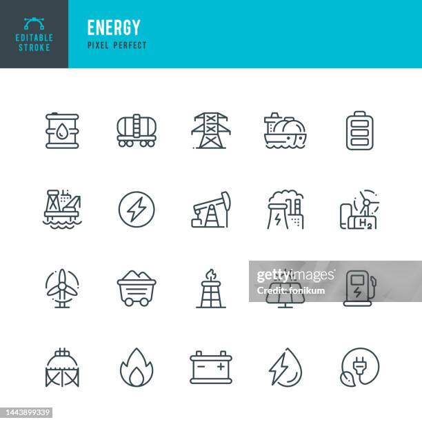 energy - vector set of linear icons. pixel perfect. editable stroke. the set includes a solar energy, electrical grid, gas, tanker ship, coal, crude oil, lng storage tank, wind turbine, rail freight, nuclear power station, hydrogen, hydroelectric power. - fuel and power generation icons stock illustrations