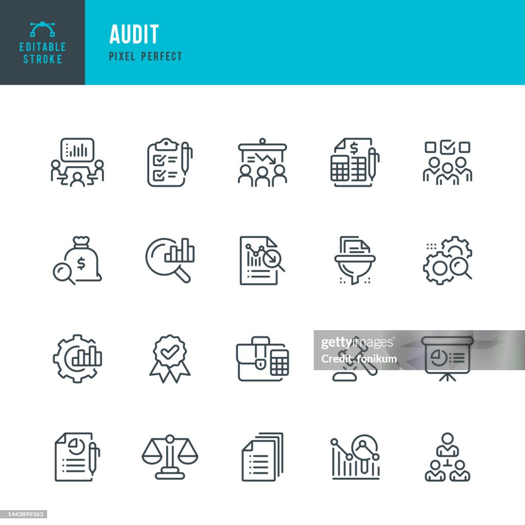 Audit - vector set of linear icons. Pixel perfect. Editable stroke. The set includes a Audit, Accountancy, Analysis, Report, Financial Report, Expertise, Recession, Bankruptcy, Diagram, Budget Analysis.