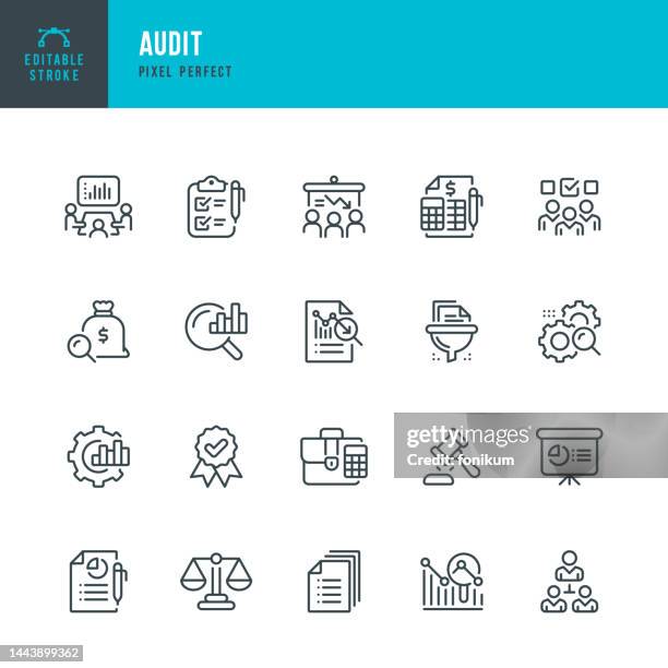 stockillustraties, clipart, cartoons en iconen met audit - vector set of linear icons. pixel perfect. editable stroke. the set includes a audit, accountancy, analysis, report, financial report, expertise, recession, bankruptcy, diagram, budget analysis. - wet