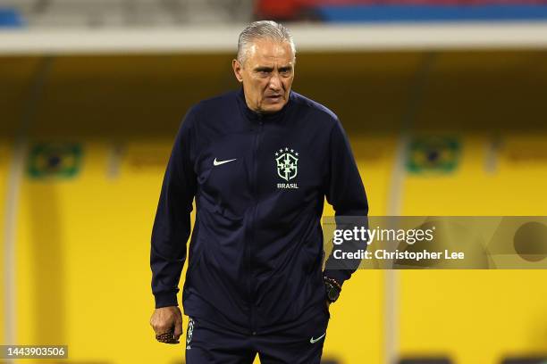 Adenor Leonardo Bacchi, Head Coach of Brazil, looks on during Brazil match day -1 training session at Al Arabi SC Stadium on November 23, 2022 in...