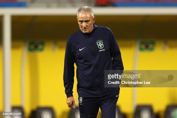 Adenor Leonardo Bacchi, Head Coach of Brazil, looks on during Brazil match day -1 training session at Al Arabi SC Stadium on November 23, 2022 in...