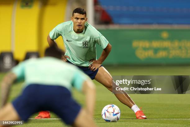 Thiago Silva of Brazil looks on during Brazil match day -1 training session at Al Arabi SC Stadium on November 23, 2022 in Doha, Qatar.