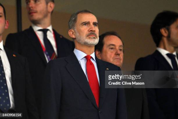 King Felipe VI of Spain is seen prior to the FIFA World Cup Qatar 2022 Group E match between Spain and Costa Rica at Al Thumama Stadium on November...