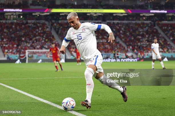 Francisco Calvo of Costa Rica in action during the FIFA World Cup Qatar 2022 Group E match between Spain and Costa Rica at Al Thumama Stadium on...