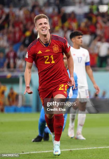 Dani Olmo of Spain celebrates after scoring their team's first goal during the FIFA World Cup Qatar 2022 Group E match between Spain and Costa Rica...