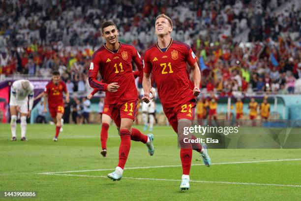 Dani Olmo of Spain celebrates after scoring their team's first goal during the FIFA World Cup Qatar 2022 Group E match between Spain and Costa Rica...