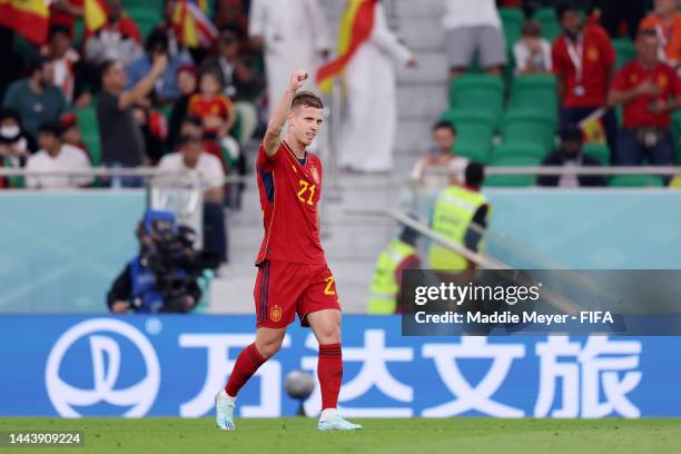 Dani Olmo of Spain celebrates after scoring their team's first goal during the FIFA World Cup Qatar 2022 Group E match between Spain and Costa Rica...