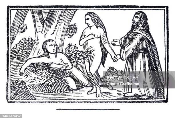 god showing adam and eve the garden of eden woodcut 1867 - garden of eden old testament stock illustrations