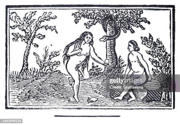 eva opfert adam apfel im garten eden holzschnitt 1867 - adam bibelfigur stock-grafiken, -clipart, -cartoons und -symbole