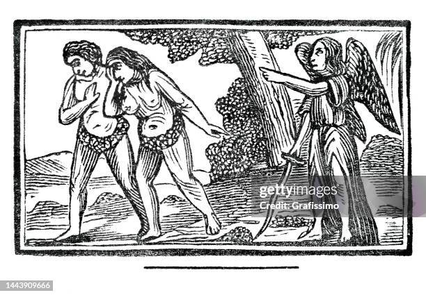 bildbanksillustrationer, clip art samt tecknat material och ikoner med cherubim angel expulsion adam and eve from garden eden woodcut 1867 - skapelsen