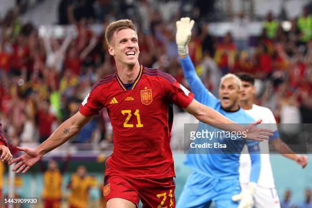 Dani Olmo of Spain celebrates after scoring their team's first goal during the FIFA World Cup Qatar 2022 Group E match between Spain and Costa Rica...