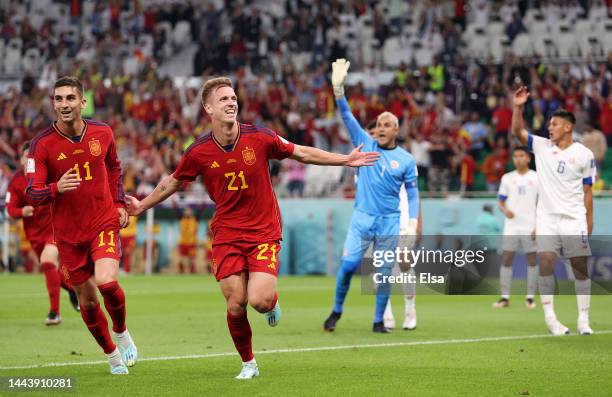 Dani Olmo of Spain celebrates after scoring their team's first goal during the FIFA World Cup Qatar 2022 Group E match between Spain and Costa Rica...