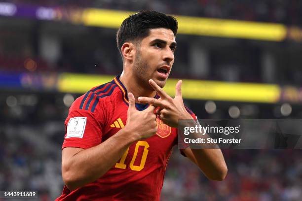 Marco Asensio of Spain celebrates after scoring their team's second goal during the FIFA World Cup Qatar 2022 Group E match between Spain and Costa...