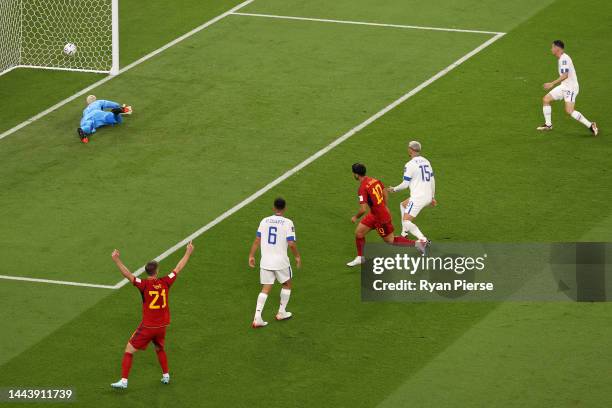 Marco Asensio of Spain scores their team's second goal during the FIFA World Cup Qatar 2022 Group E match between Spain and Costa Rica at Al Thumama...
