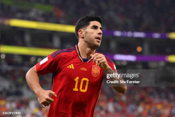 Marco Asensio of Spain celebrates after scoring their team's second goal during the FIFA World Cup Qatar 2022 Group E match between Spain and Costa...