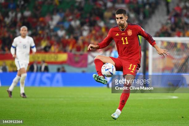 Ferran Torres of Spain in action during the FIFA World Cup Qatar 2022 Group E match between Spain and Costa Rica at Al Thumama Stadium on November...
