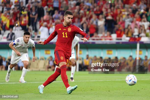 Ferran Torres of Spain converts he penalty to score his side's third goal during the FIFA World Cup Qatar 2022 Group E match between Spain and Costa...