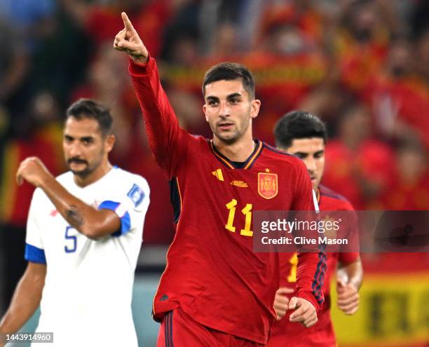 Ferran Torres of Spain celebrates after scoring their team's third goal during the FIFA World Cup Qatar 2022 Group E match between Spain and Costa...