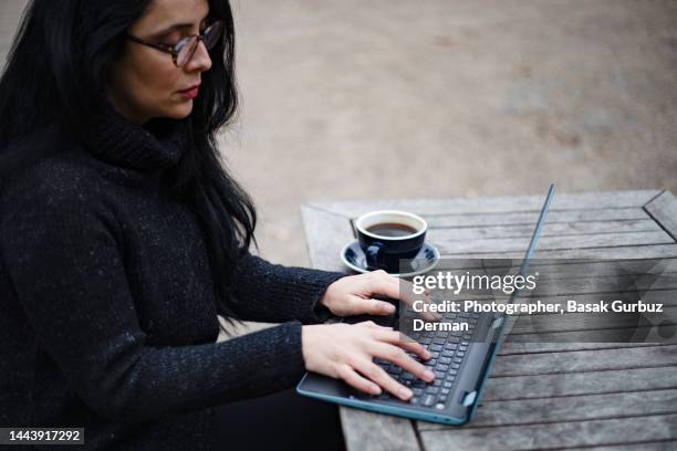 a beautiful woman using laptop - parc informatique bureau ordinateur photos et images de collection