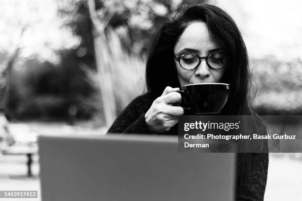 a beautiful woman using laptop - parc informatique bureau ordinateur photos et images de collection