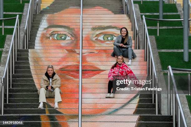 Leah Williamson, captain of the England Women's football team, the Lionesses,, Helen Hardy and artist Charlotte Archer attend a photocall as The...