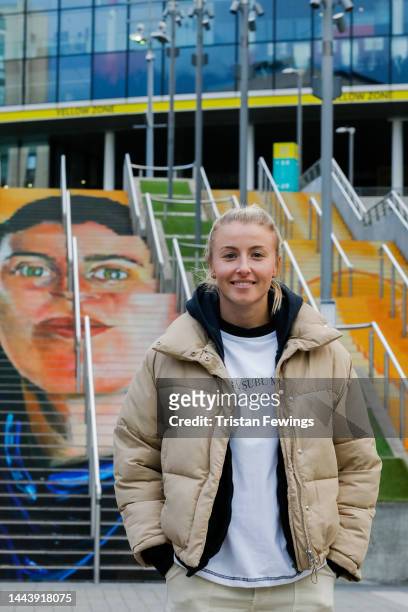 Leah Williamson, captain of the England Women's football team, the Lionesses, attends a photocall as The National Lottery celebrate those supporting...