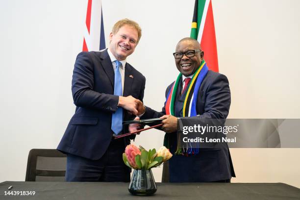 Business Secretary Grant Shapps and South Africa's Higher Education Secretary Blade Nzimande sign agreements during a visit by President Cyril...