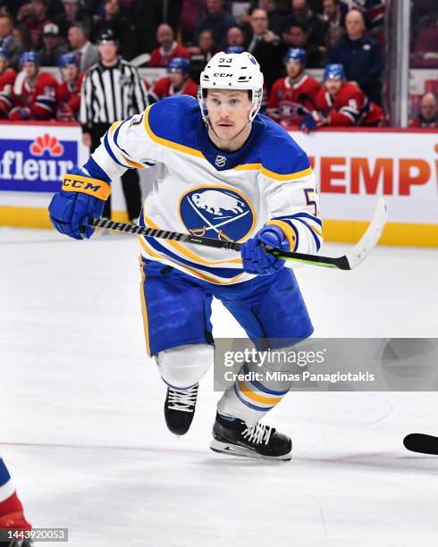 Jeff Skinner of the Buffalo Sabres skates against the Montreal Canadiens during the third period at Centre Bell on November 22, 2022 in Montreal,...