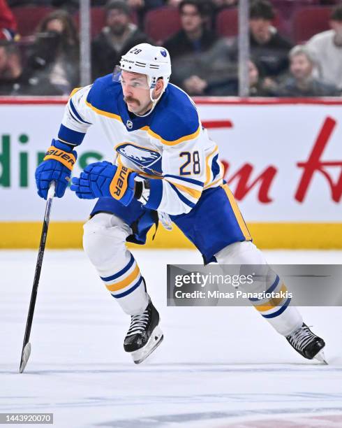 Zemgus Girgensons of the Buffalo Sabres skates against the Montreal Canadiens during the third period at Centre Bell on November 22, 2022 in...