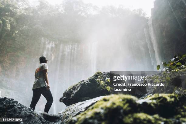 tourist admiring a waterfall - river bottom park stock pictures, royalty-free photos & images