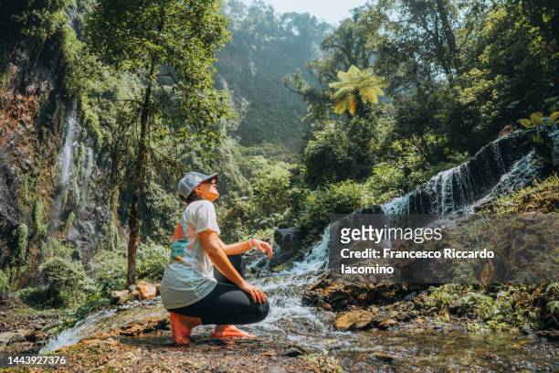 tourist admiring a waterfall - river bottom park stock pictures, royalty-free photos & images