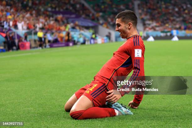Ferran Torres of Spain celebrates after scoring their team's fourth goal during the FIFA World Cup Qatar 2022 Group E match between Spain and Costa...