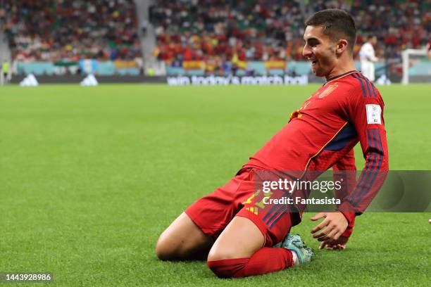 Ferran Torres of Spain celebrates after scoring his second goal to give the side a 4-0 lead during the FIFA World Cup Qatar 2022 Group E match...