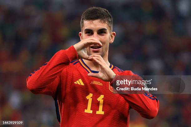 Ferran Torres of Spain celebrates after scoring their team's fourth goal during the FIFA World Cup Qatar 2022 Group E match between Spain and Costa...