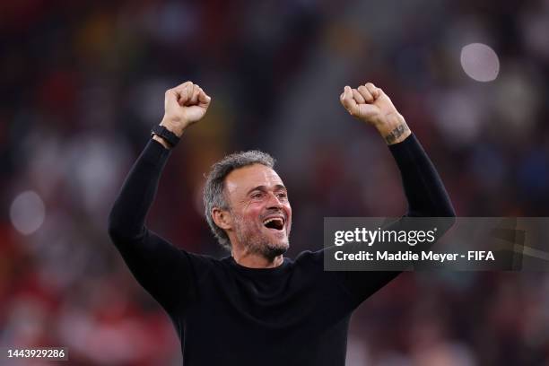 Luis Enrique, Head Coach of Spain, celebrates after their team's fourth goal by Ferran Torres during the FIFA World Cup Qatar 2022 Group E match...