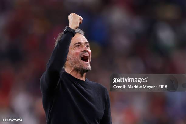 Luis Enrique, Head Coach of Spain, celebrates after their team's fourth goal by Ferran Torres during the FIFA World Cup Qatar 2022 Group E match...