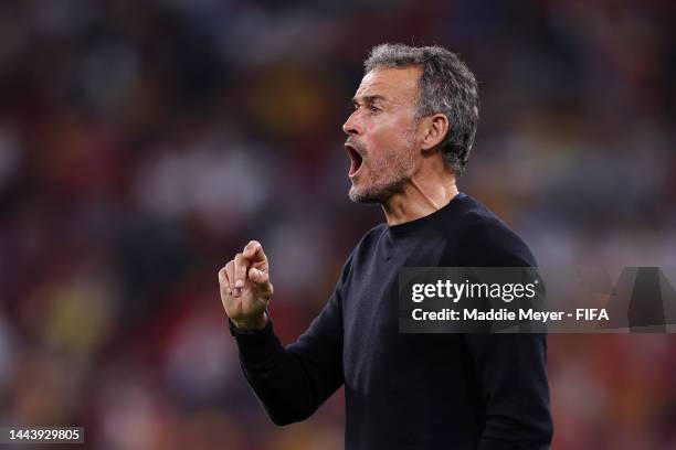 Luis Enrique, Head Coach of Spain, reacts during the FIFA World Cup Qatar 2022 Group E match between Spain and Costa Rica at Al Thumama Stadium on...