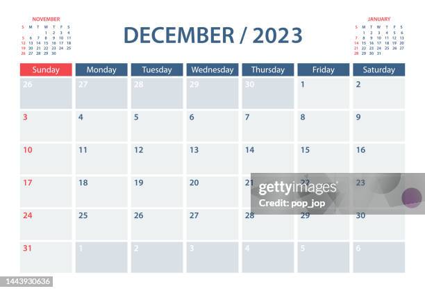 ilustraciones, imágenes clip art, dibujos animados e iconos de stock de plantilla vectorial del planificador de calendario de diciembre de 2023. la semana comienza el domingo - calendario pared