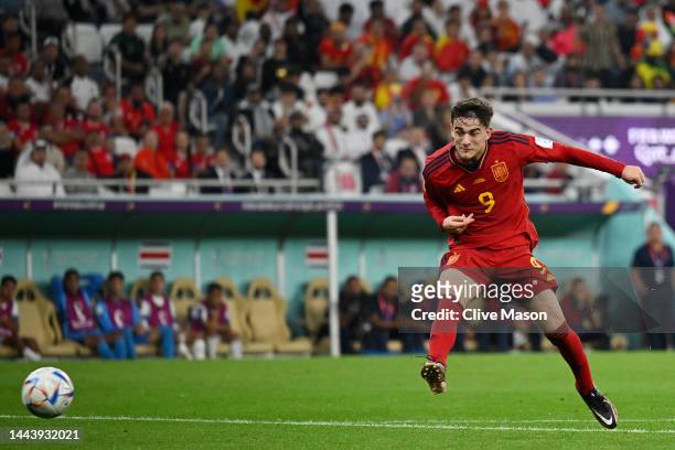 Gavi of Spain scores their team's fifth goal during the FIFA World Cup Qatar 2022 Group E match between Spain and Costa Rica at Al Thumama Stadium on...