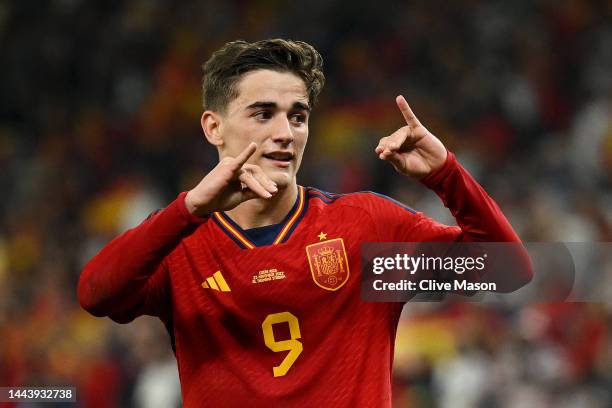 Gavi of Spain celebrates after scoring their team's fifth goal during the FIFA World Cup Qatar 2022 Group E match between Spain and Costa Rica at Al...