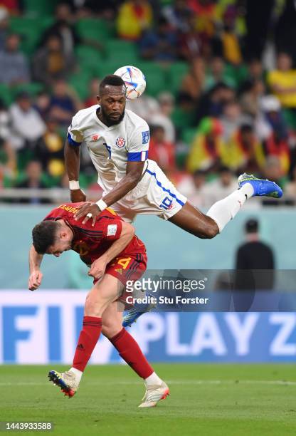Kendall Waston of Costa Rica battles for possession with Aymeric Laporte of Spain during the FIFA World Cup Qatar 2022 Group E match between Spain...