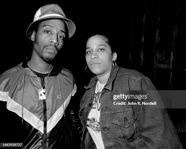 American old-school rapper and producer Spyder D and American hip-hop musician and rapper Sparky Dee pose for a portrait, Taunton, Massachusetts,...
